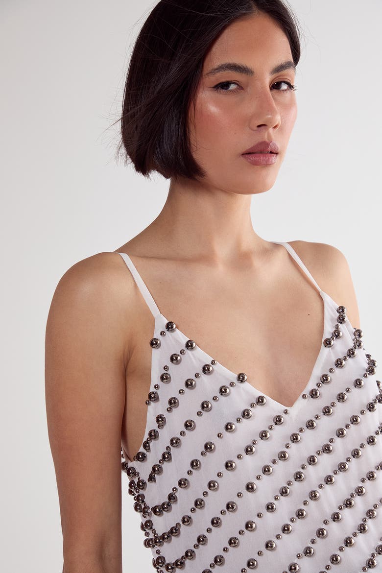 Studded Asymmetric Fringed Cami Top, Alternate, color, White