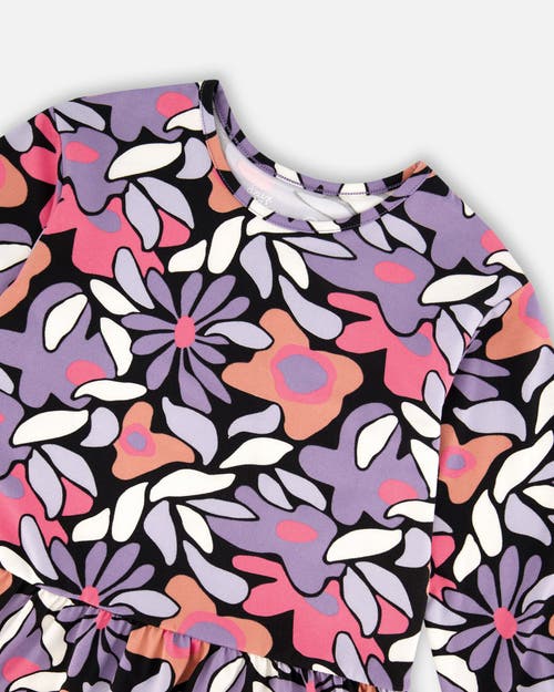 Deux Par Deux Jersey Dress Retro Flower In Blue