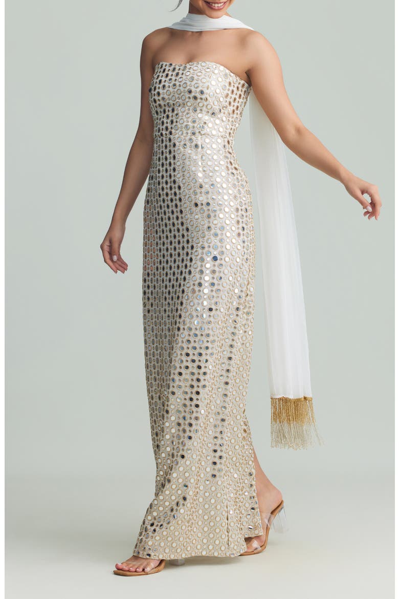 Julie Strapless Mirrored Column Gown, Alternate, color, WHITE