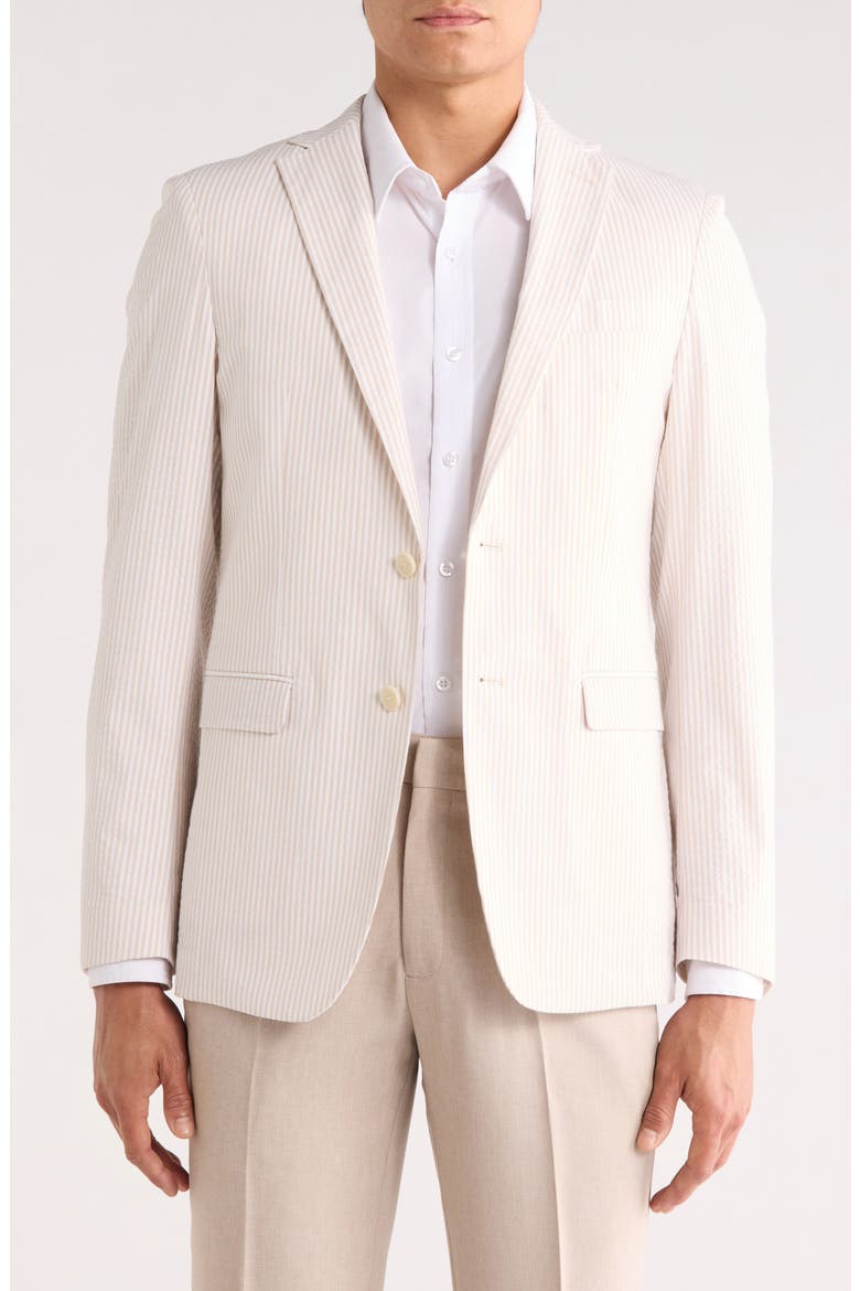 Pinstripe Notch Lapel Stretch Cotton Blazer, Main, color, CREAM