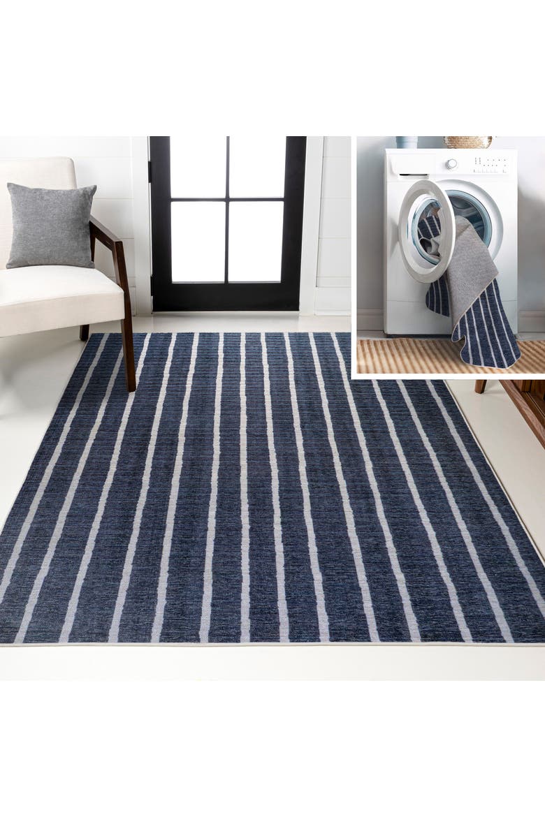Rand Distressed Ticking Stripe Machine-Washable Area  Rug, Main, color, Navy/Gray