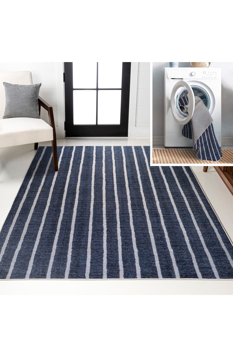 JONATHAN Y Rand Distressed Ticking Stripe Machine-Washable Area Rug, Main, color, Navy/Gray