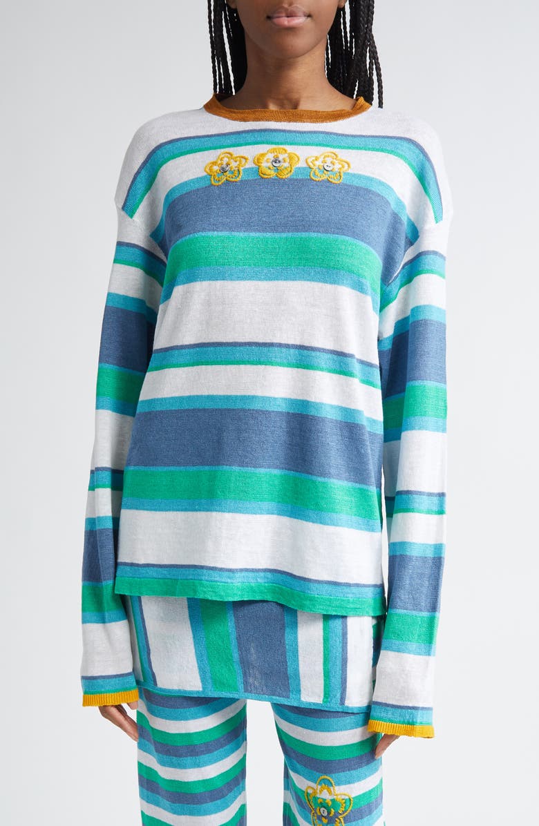 YanYan Embroidered Stripe Linen Sweater, Main, color, Denim/ Peppermint/ White Multi