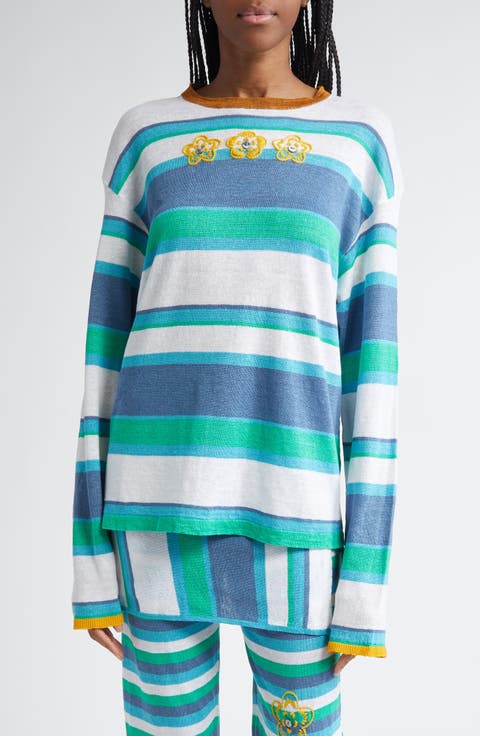 Embroidered Stripe Linen Sweater