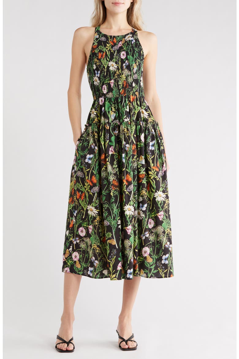 Floral Smocked Bodice Linen Blend Midi Dress, Main, color, BLACK BUTTERFLY FLORAL