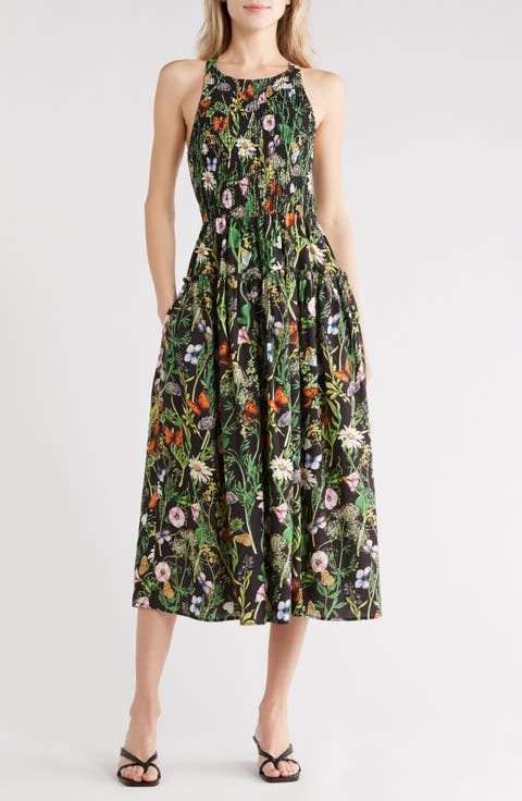 Floral Smocked Bodice Linen Blend Midi Dress