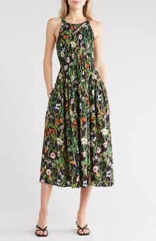 Avec Les Filles Floral Smocked Bodice Linen Blend Midi Dress