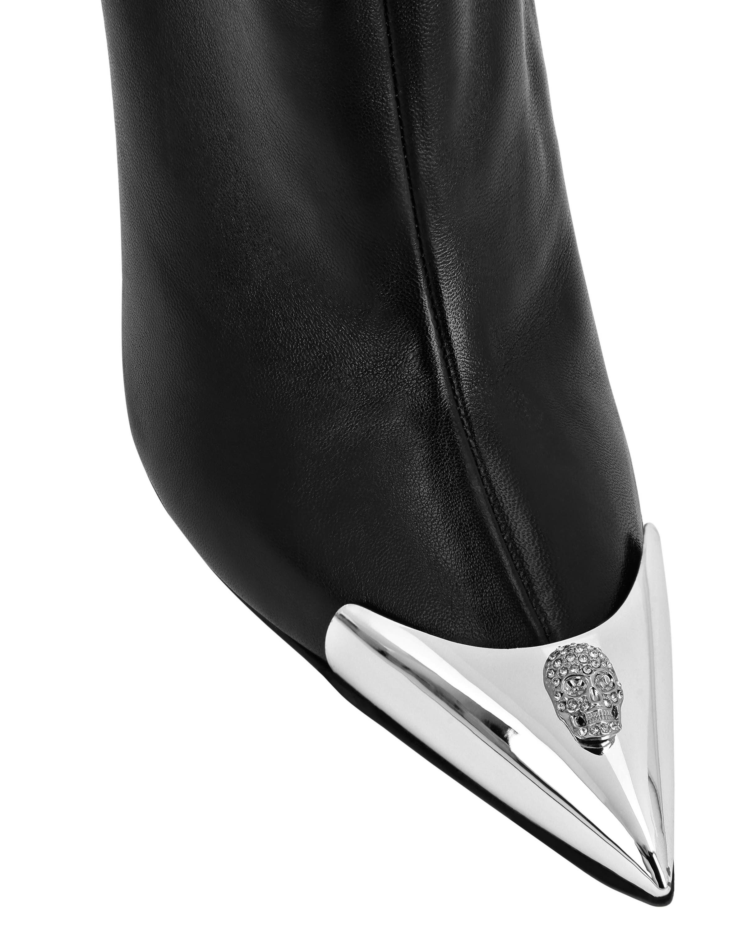 Leather Boots High Heels Mid Skull Strass Women, Alternate, color, black