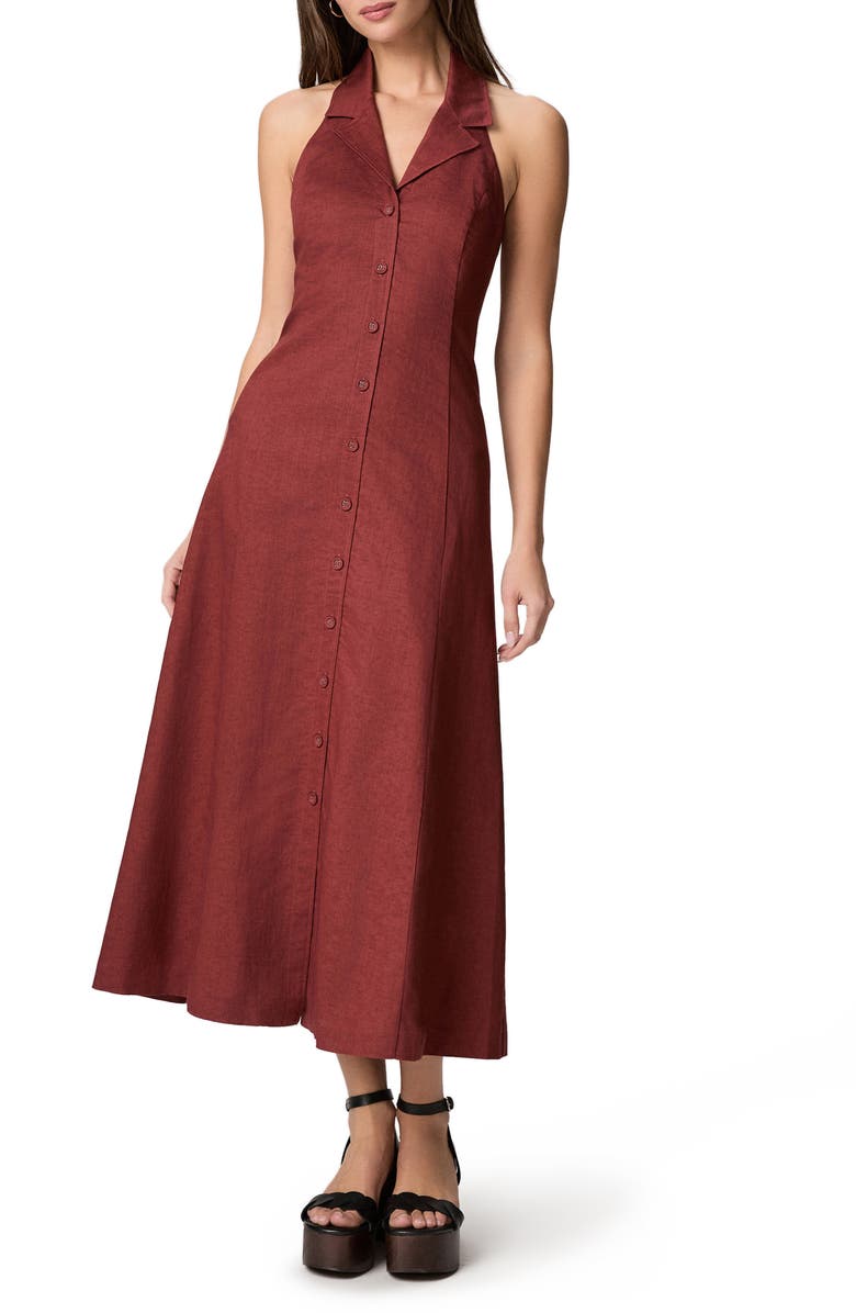 PAIGE Adria Halter Neck Linen & Cotton Midi Shirtdress, Main, color, Burnt Sienna
