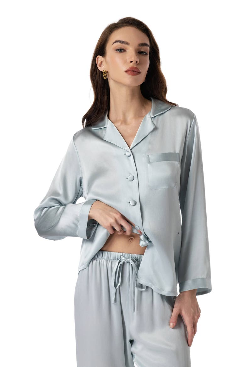 Silk Button Up Collared Women's Pajama Set, Alternate, color, Light Blue