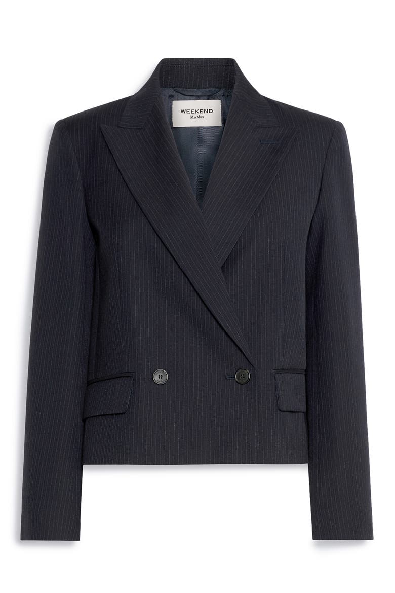 Pinstripe Wool Blend Cropped Blazer, Alternate, color, NAVY