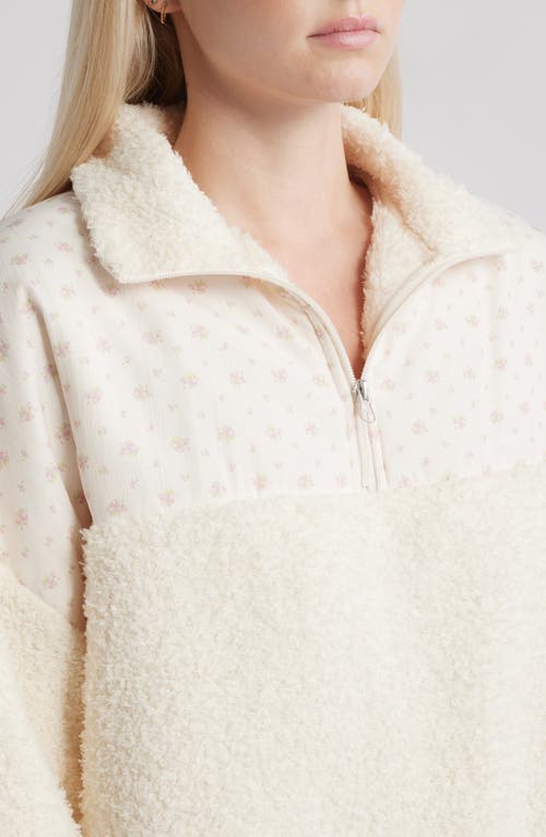Happy Camp3r Vintage Flower Aria Mixed Media Quarter Zip Fleece Sweatshirt In Neutral