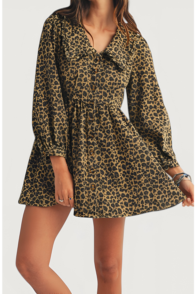 Leopard Print Long Sleeve Mini Dress with Oversized Collar, Alternate, color, Leopard Print