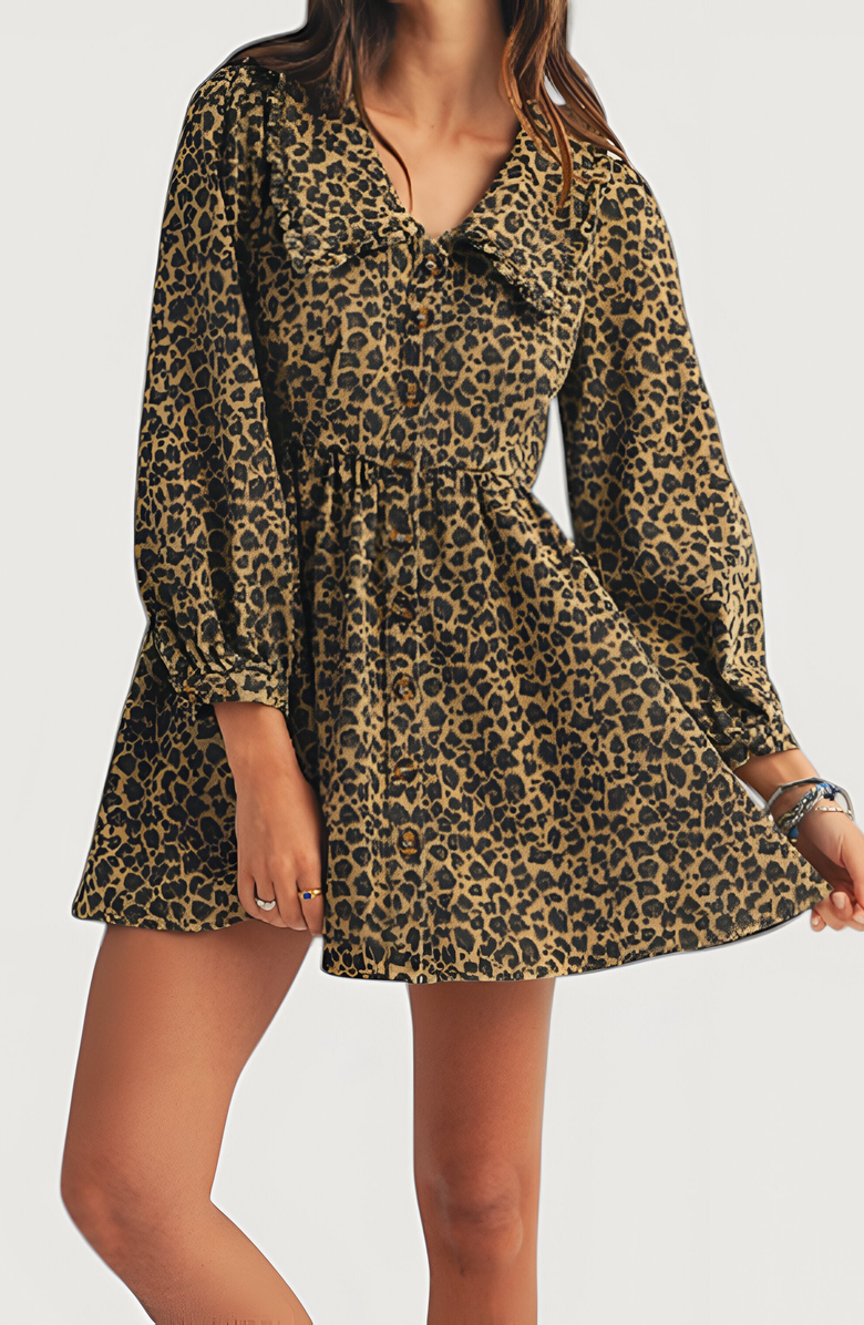Modenaire Leopard Print Long Sleeve Mini Dress with Oversized Collar, Alternate, color, Leopard Print