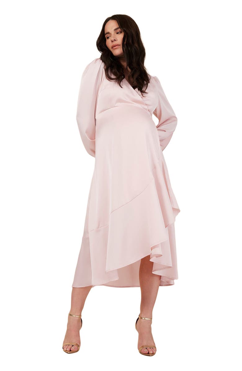MOTHERHOOD MATERNITY Woven Wrap Long Sleeve Midi Dress, Alternate, color, Lotus
