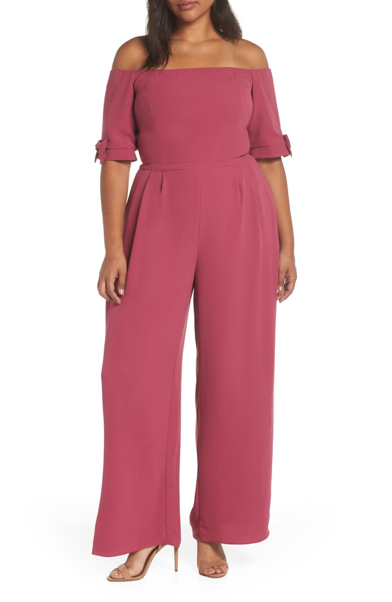 Gal Meets Glam Collection Meredith Crepe Off the Shoulder Jumpsuit, Alternate, color, 