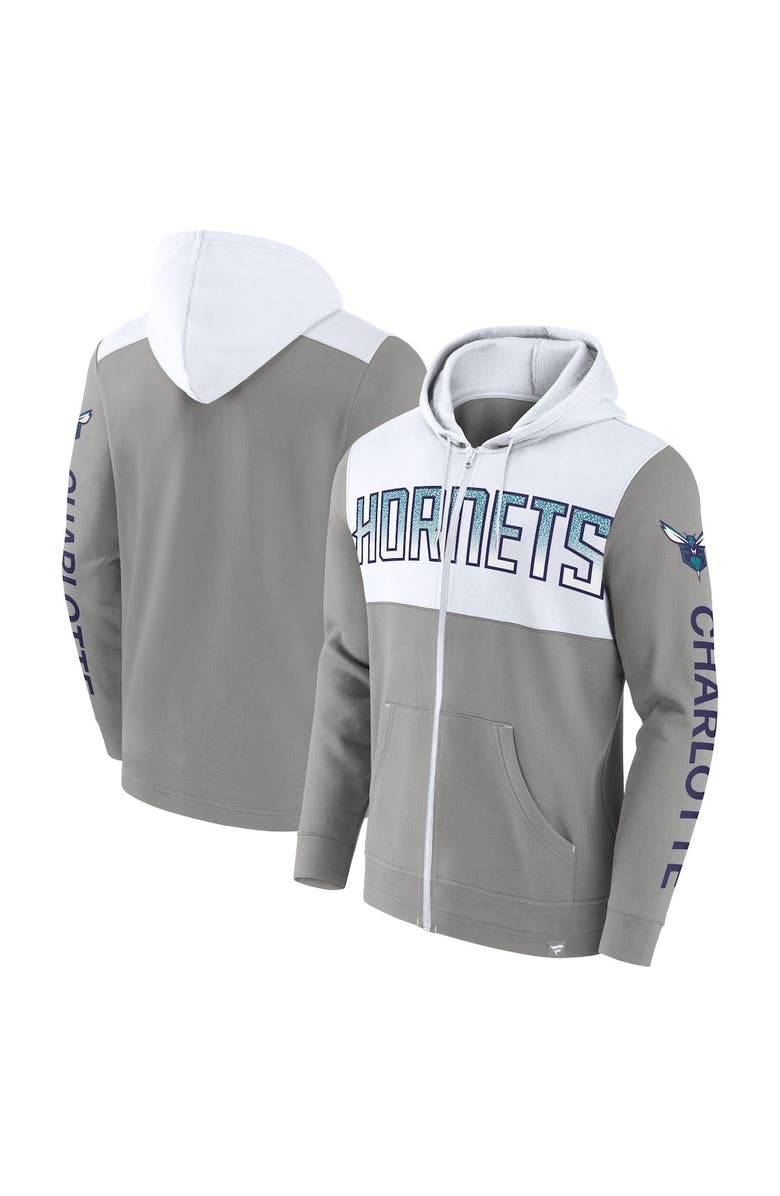 FANATICS Men's Fanatics Branded Gray/White Charlotte Hornets Skyhook Colorblock Full-Zip Hoodie, Main, color, Gray