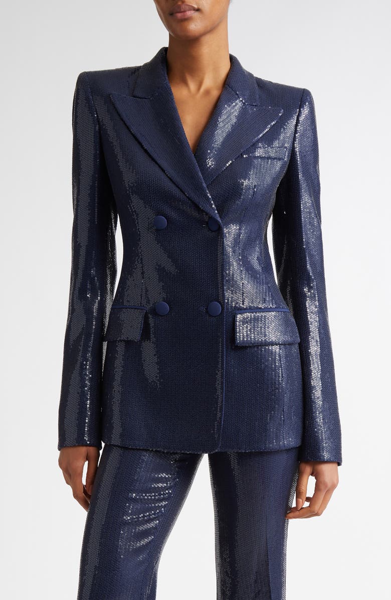 Michael Kors Collection Sequin Double Breasted Blazer, Main, color, Maritime