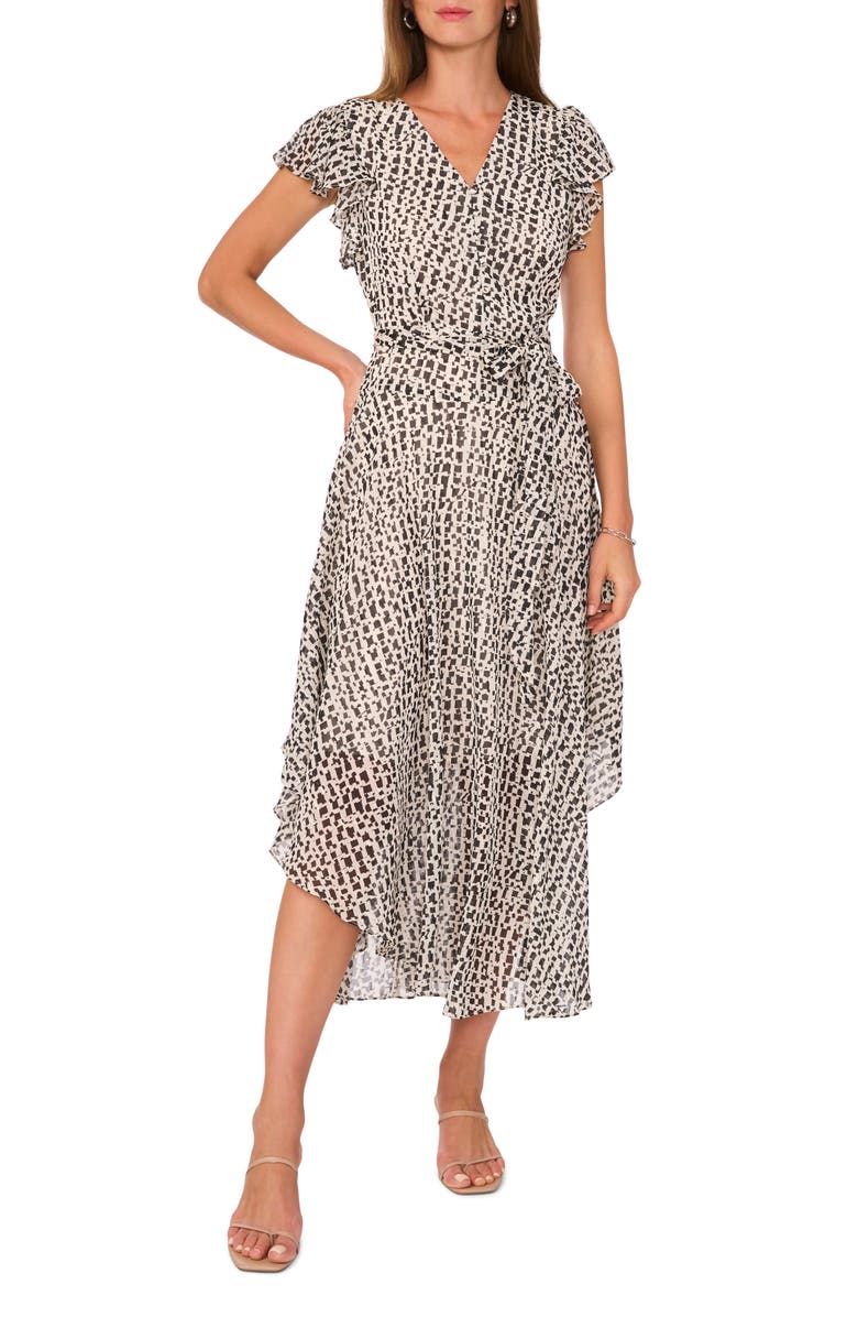 Vince Camuto Asymmetric Tie Waist Flutter Sleeve Midi Dress, Main, color, 