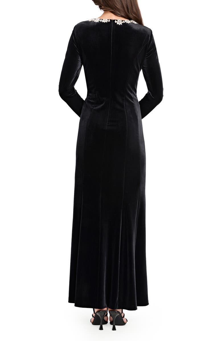 Tahari ASL Rhinestone Neck Long Sleeve Velvet Gown, Alternate, color, Black