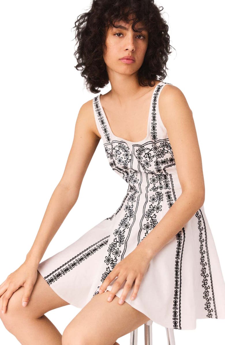 maje Short embroidered dress, Alternate, color, Ecru / Black