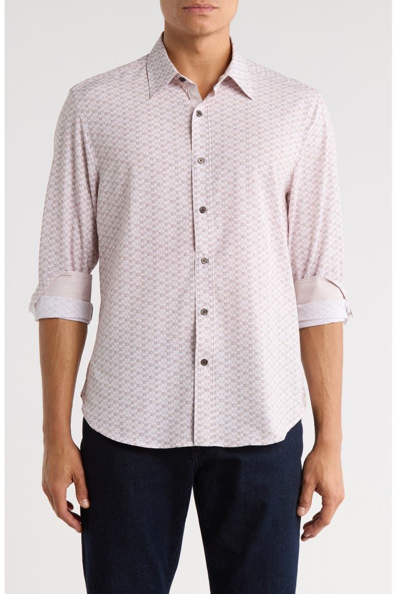 Slim Fit Abstract Geo Print Stretch Button-Up Shirt, Main, color, SAND