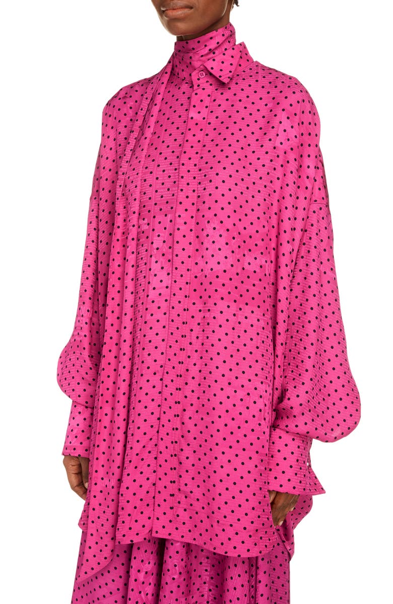 Balenciaga Polka Dot Print Newspaper Jacquard Tie Neck Tuxedo Blouse, Alternate, color, 