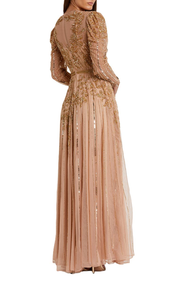 Mac Duggal Beaded Illusion Puff Sleeve Gown, Alternate, color, Nude Gold