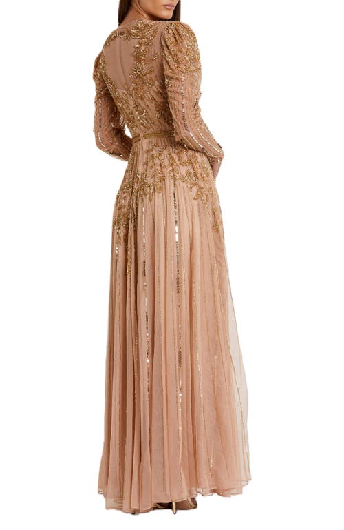 Mac Duggal Beaded Illusion Puff Sleeve Gown In Nude Gold