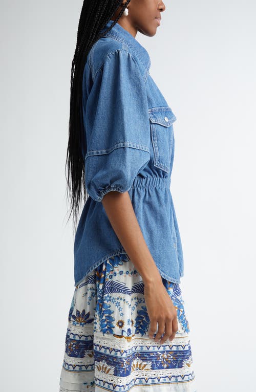 Farm Rio Puff Sleeve Denim Shirt In Blue