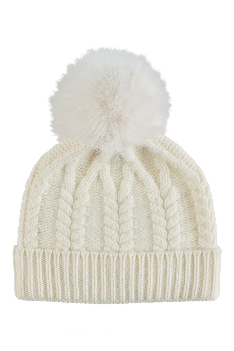 Cashmere Faux Fur Pompom Beanie, Main, color, IVORY