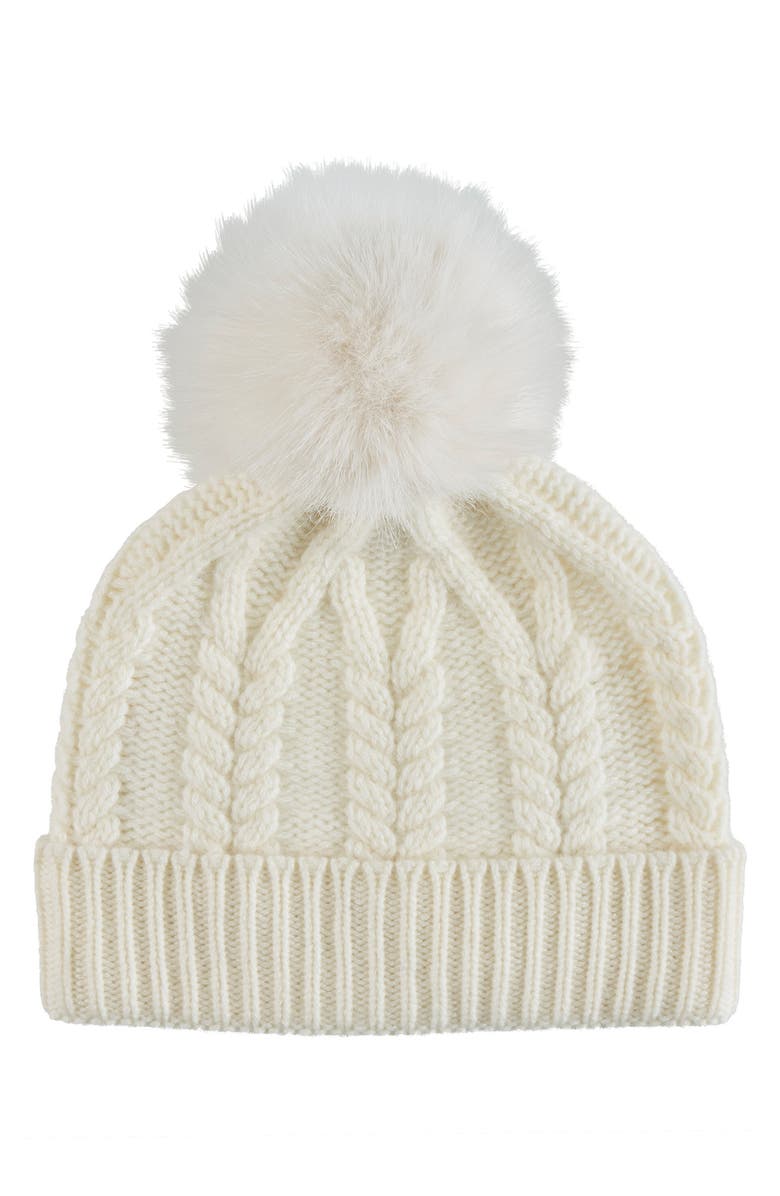 Sofia Cashmere Cashmere Faux Fur Pompom Beanie, Main, color, Ivory