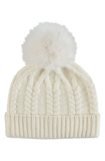 Sofia Cashmere Cashmere Faux Fur Pompom Beanie In White