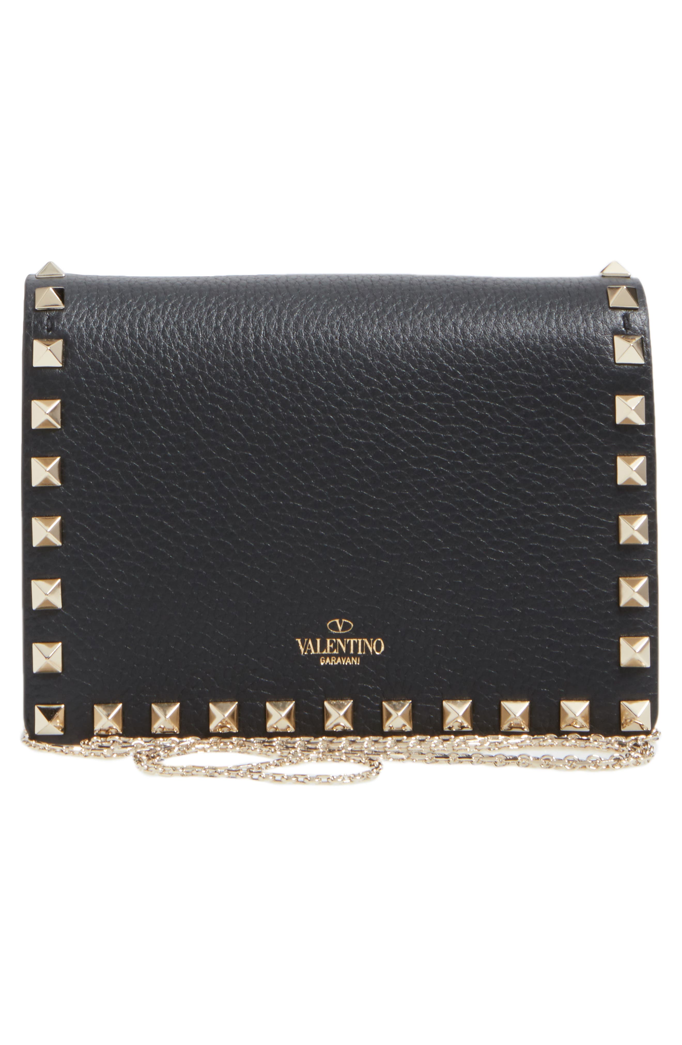 Rockstud Leather Wallet on a Chain, Alternate, color, BLACK