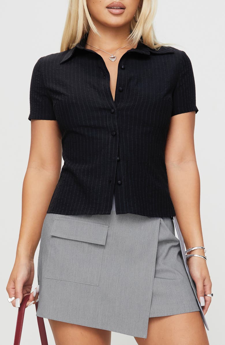 Princess Polly Arnica Stripe Seersucker Button-Up Shirt, Main, color, Black Stripe