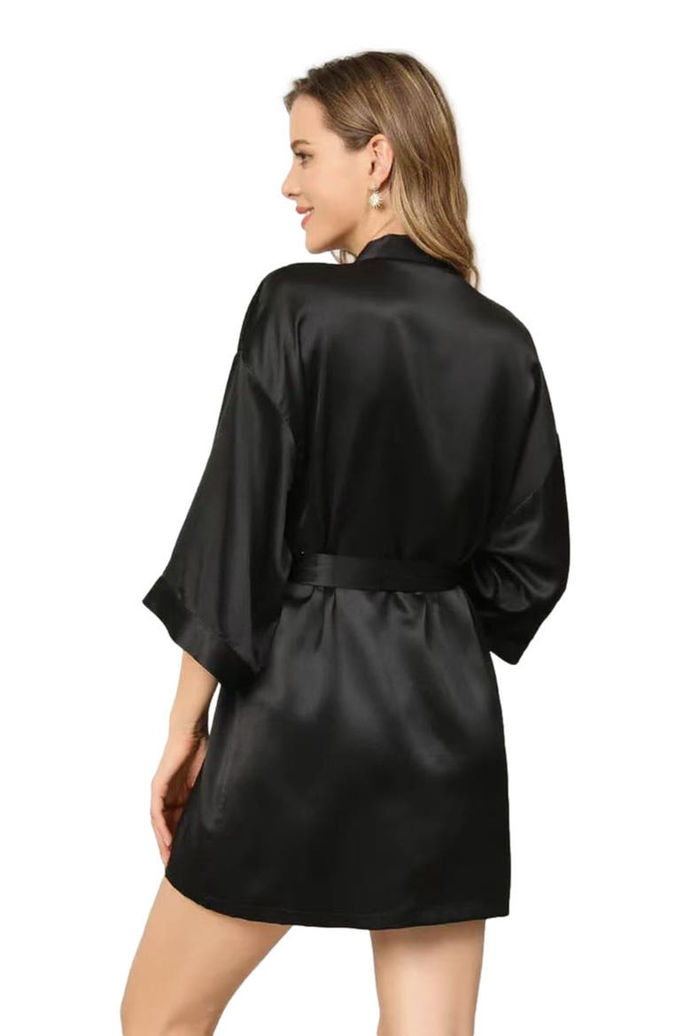 Glossy Pure Silk Short Robe, Alternate, color, Black