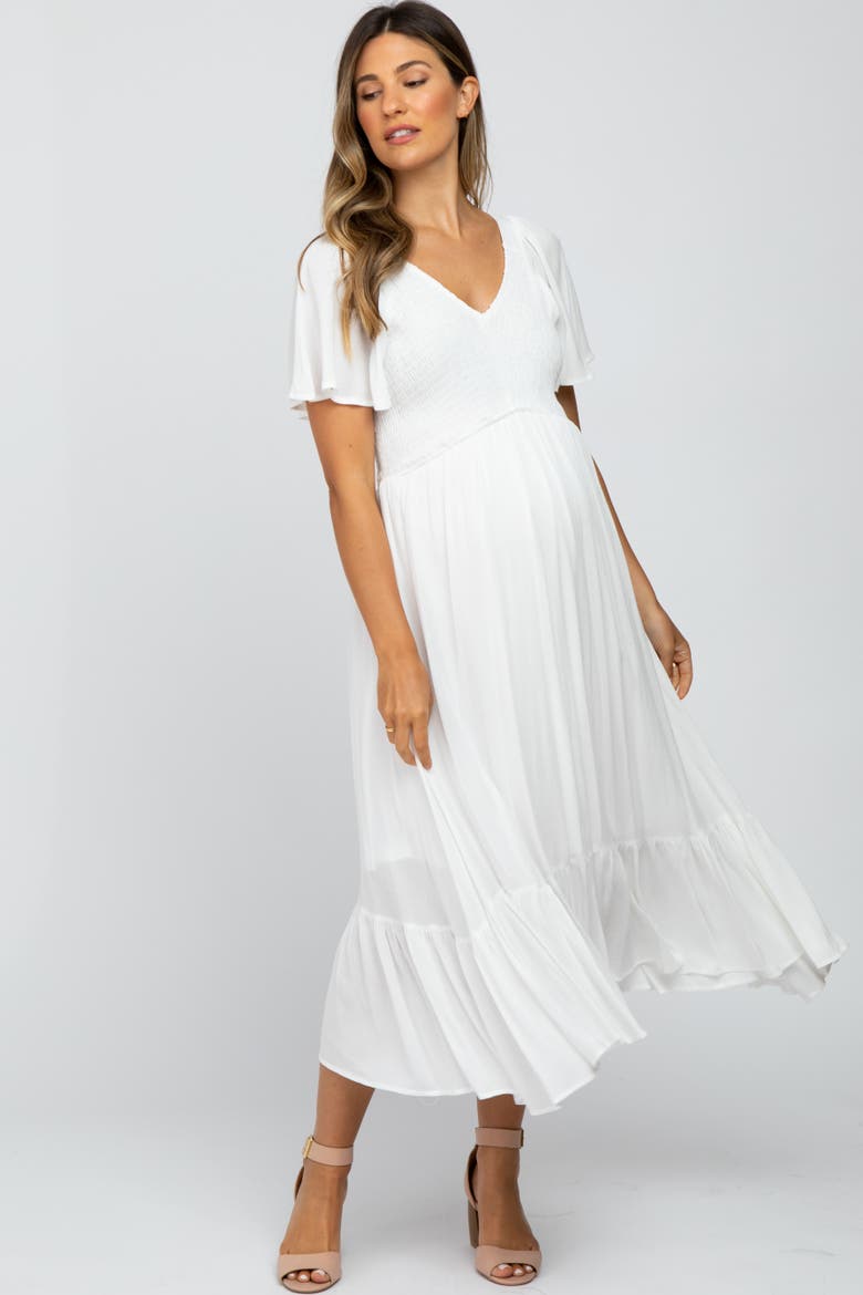 Smocked V-Neck Midi Dress, Main, color, White