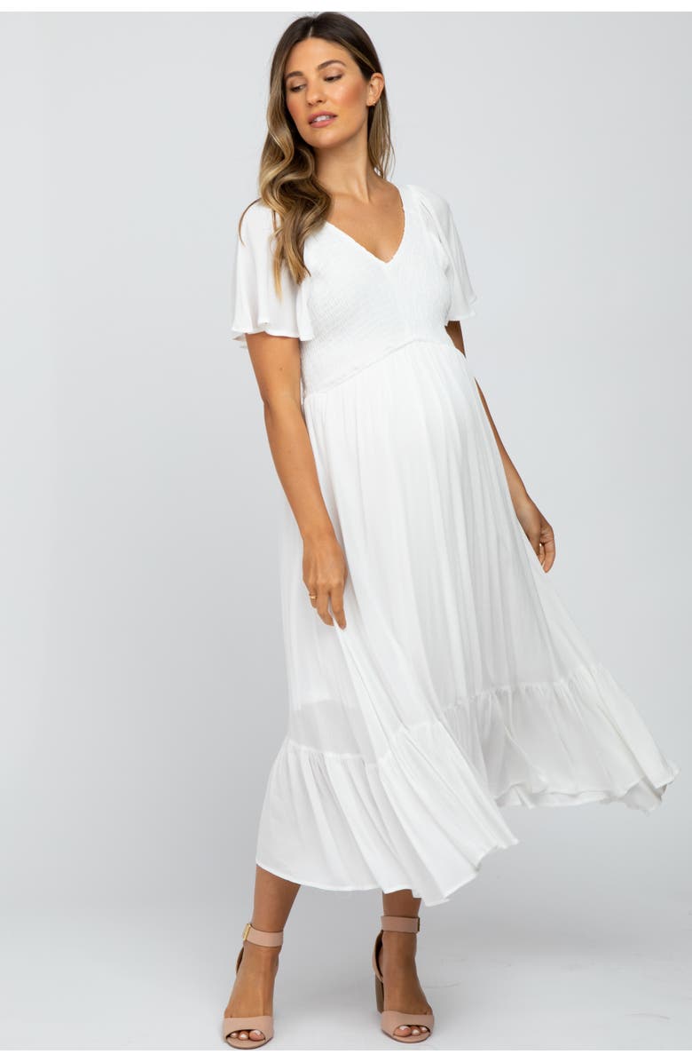 PinkBlush Smocked V-Neck Midi Dress, Main, color, White