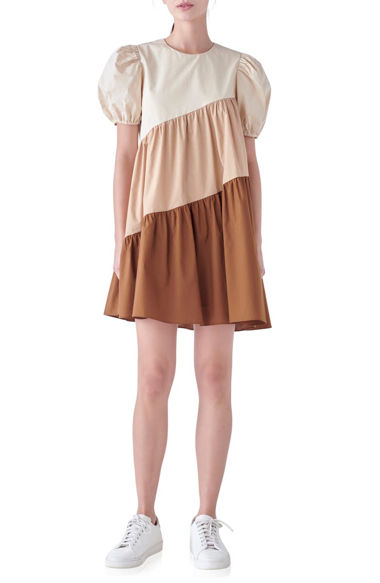 English Factory Colorblock Puff Sleeve Shift Dress, Main, color, 