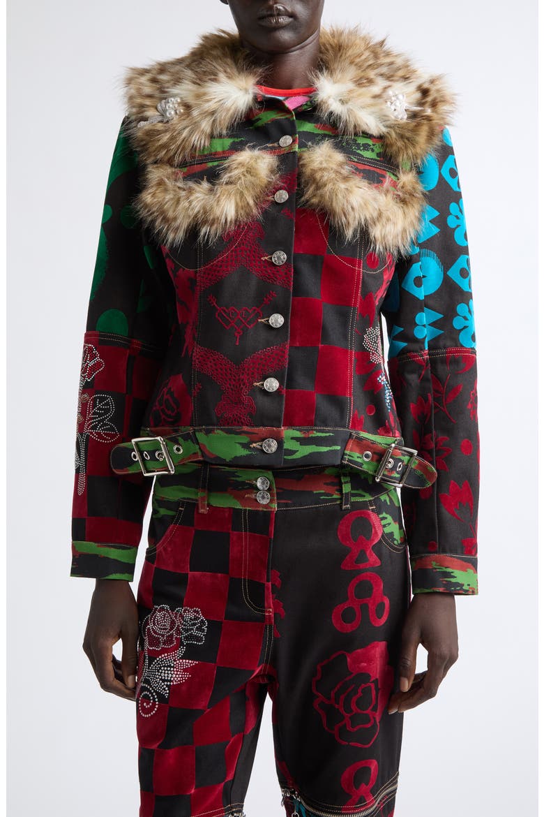 Faux Fur Trim Patchwork Denim Jacket, Main, color, MULTI
