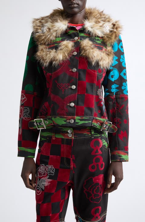 Faux Fur Trim Patchwork Denim Jacket