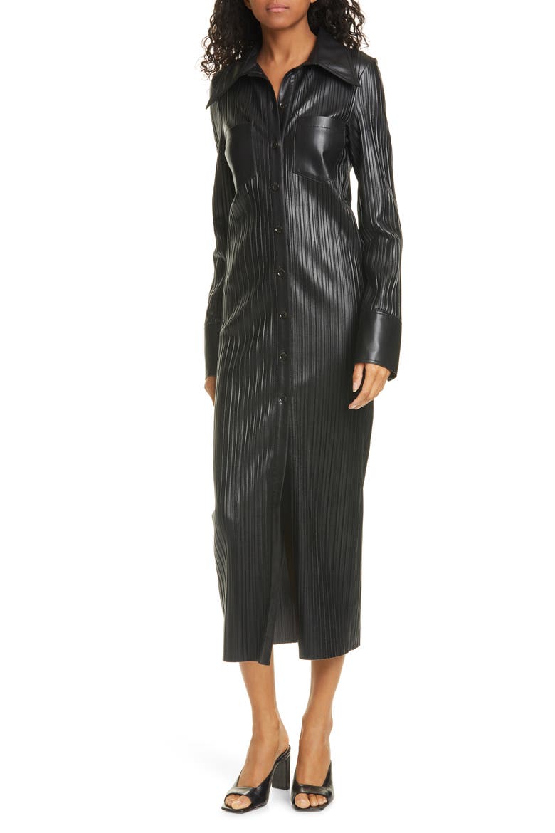 Lee Long Sleeve Faux Leather Shirtdress, Main, color, BLACK PLEAT