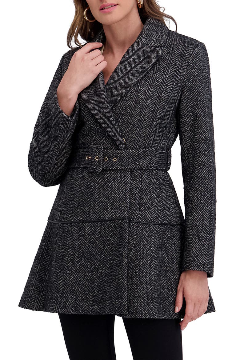 Herringbone Belted Flared Coat, Alternate, color, BLACK/ WHITE