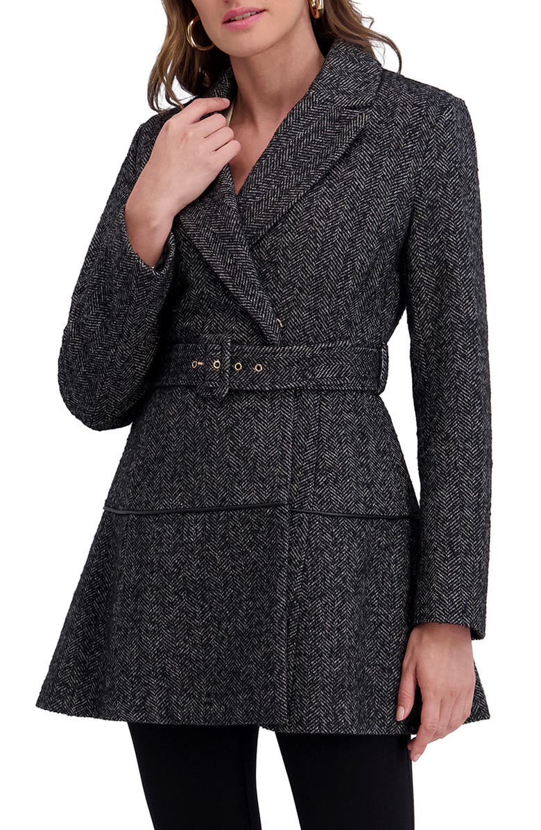 Kensie Herringbone Belted Flared Coat, Alternate, color, Black/ White