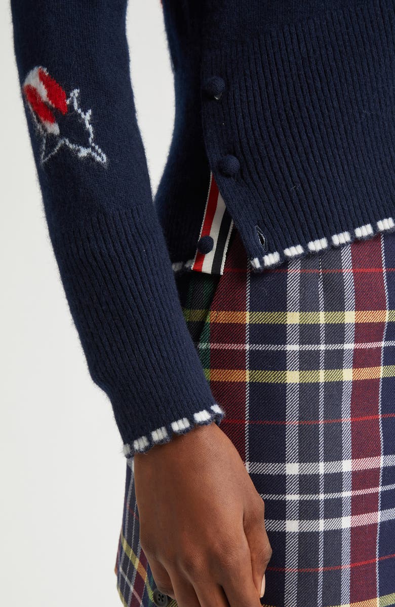 Thom Browne Rose Intarsia Brushed Virgin Wool V-Neck Cardigan, Alternate, color, 