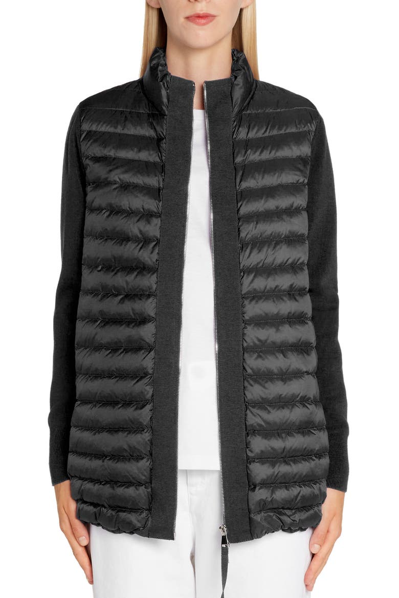 Quilted Lightweight Down & Wool Cardigan, Main, color, BLACK