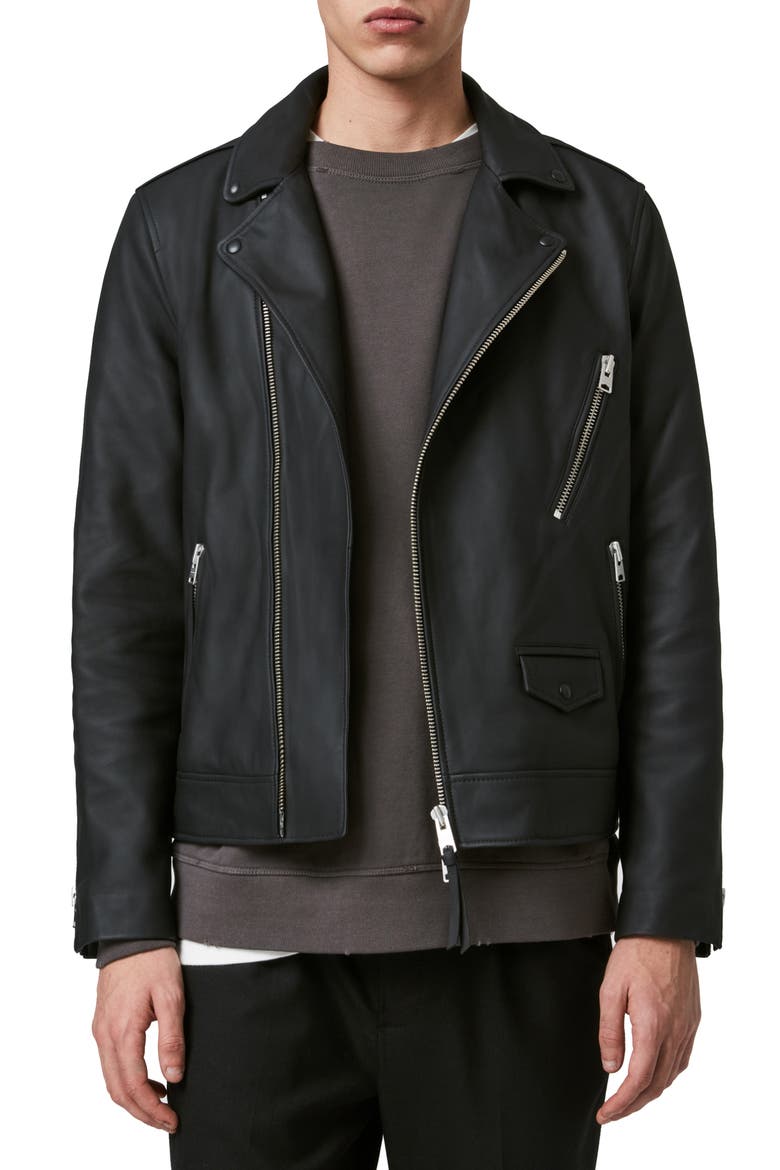 Bloc Leather Biker Jacket, Main, color, BLACK
