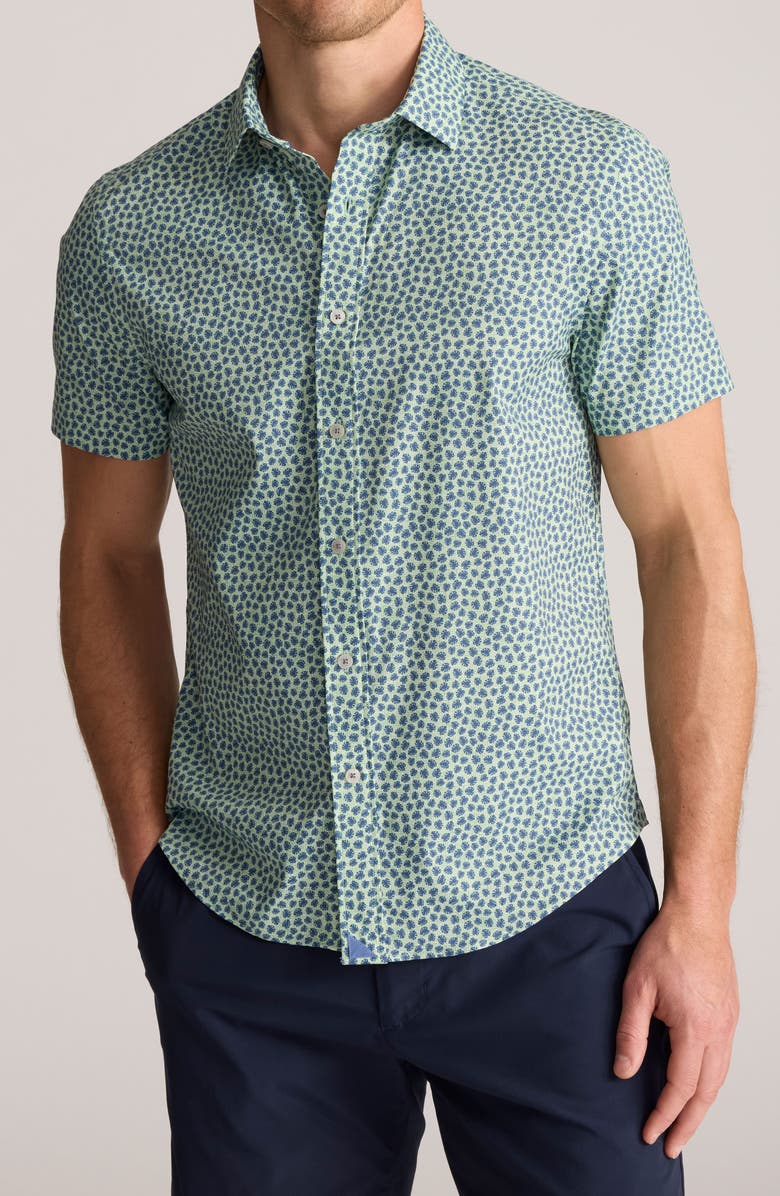 UNTUCKit Leaf Print Short Sleeve Performance Button-Up Shirt, Main, color, Green