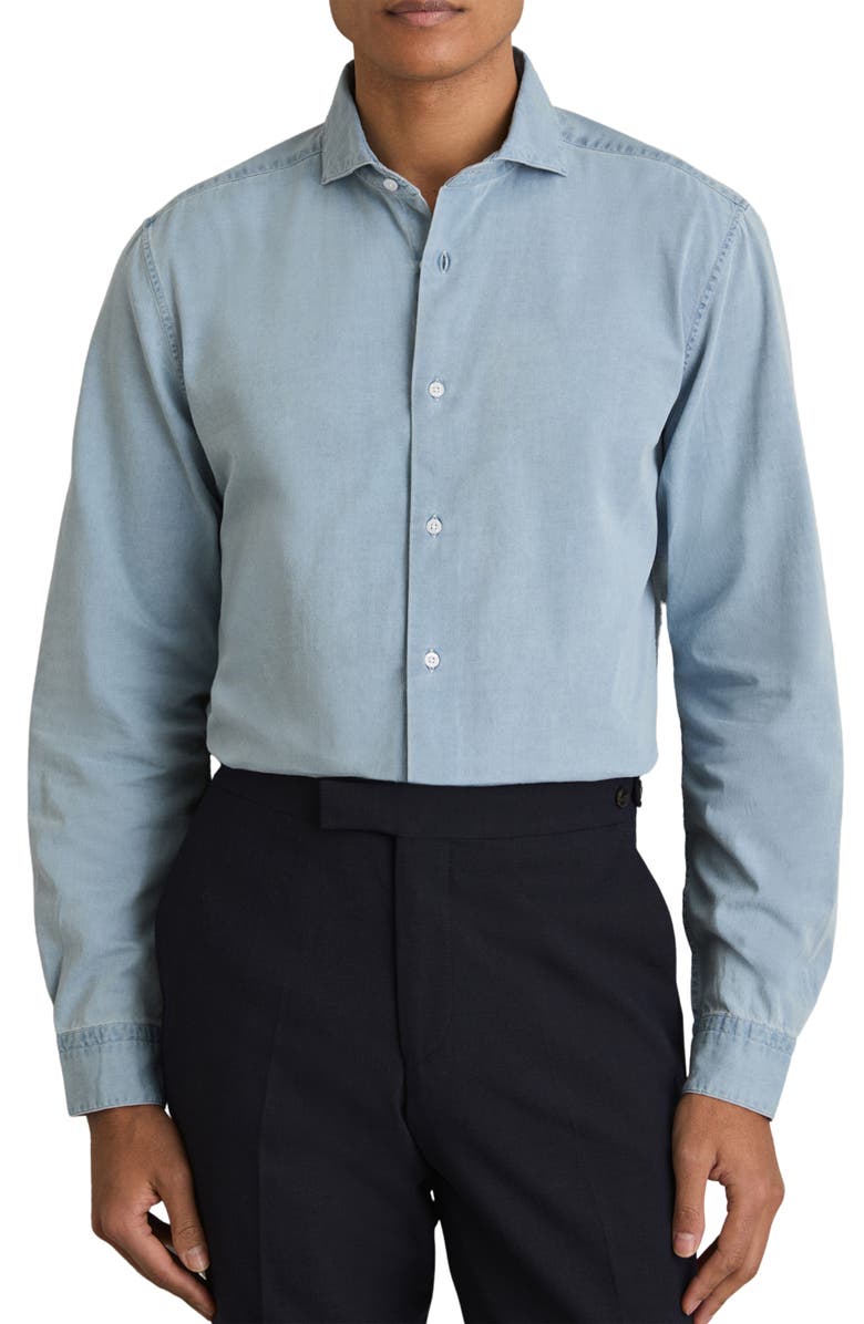 Reiss Draper Cotton Denim Button-Up Shirt, Main, color, Blue