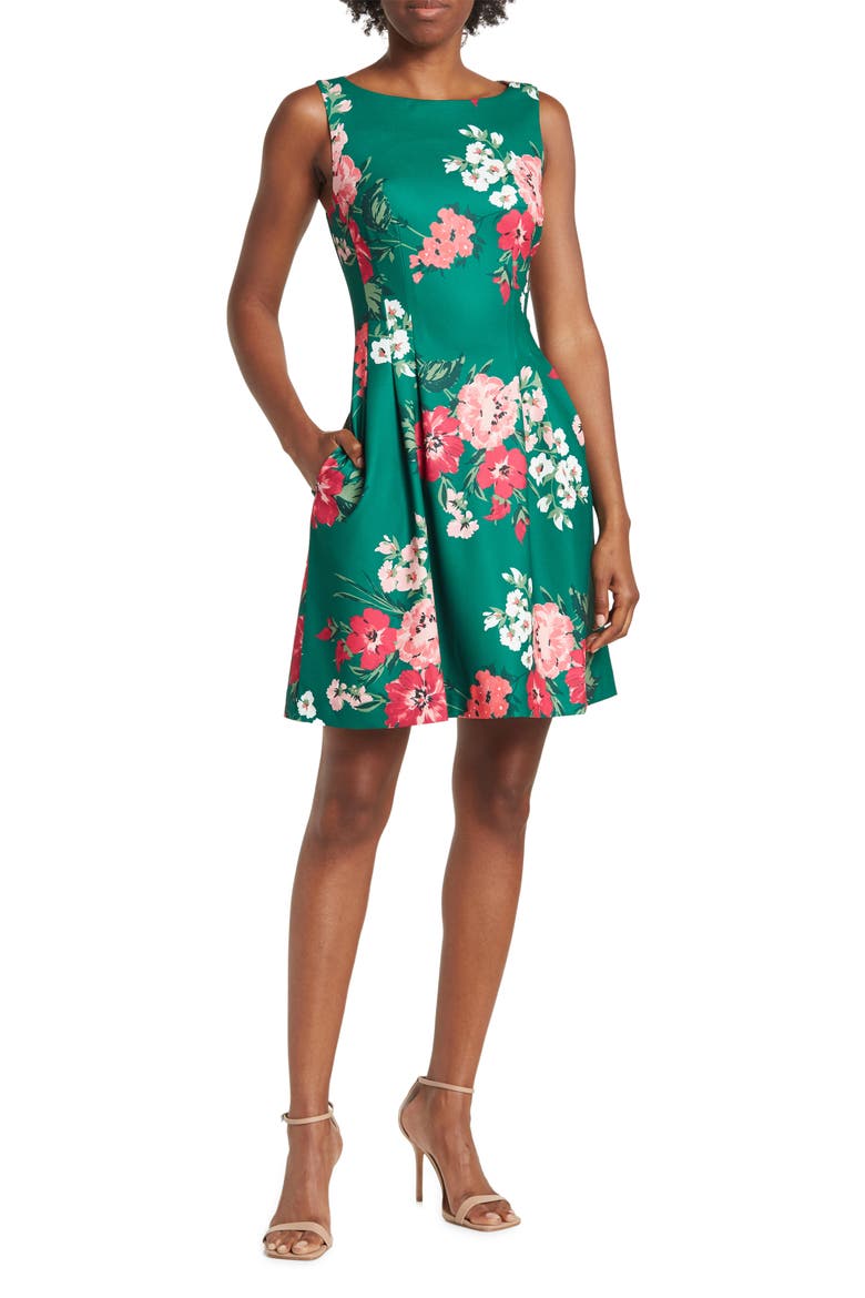 Floral Sleeveless Scuba Fit & Flare Dress, Main, color, GREEN